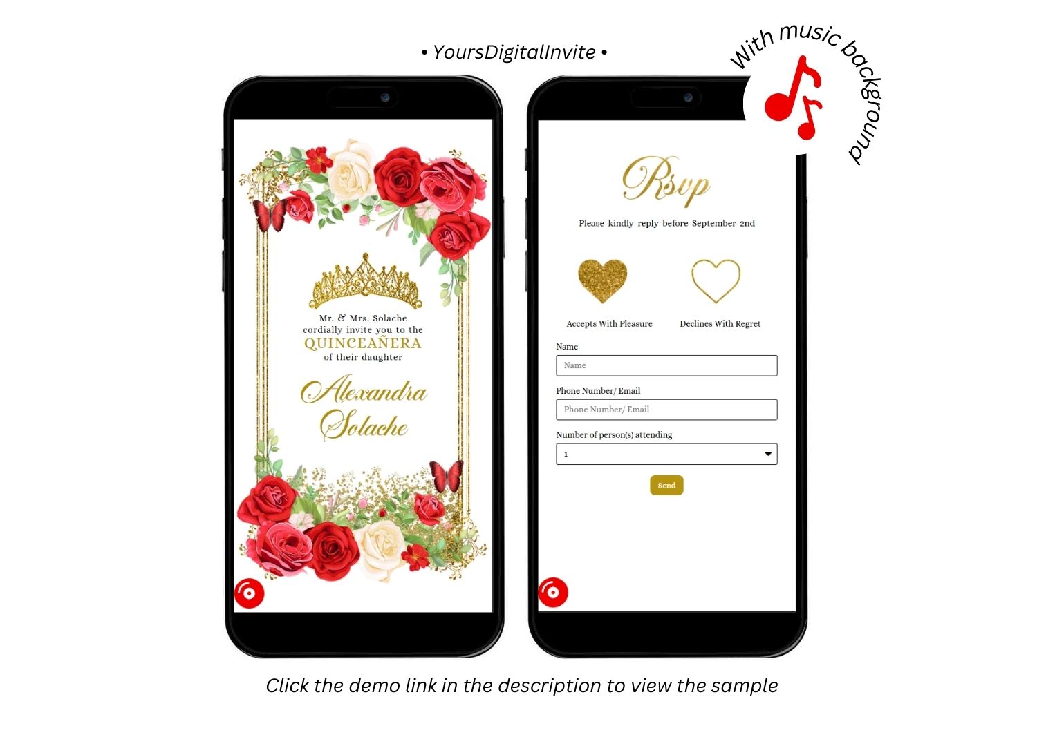 1 q39 red Gold Red Mexican Floral Quinceanera Invitation