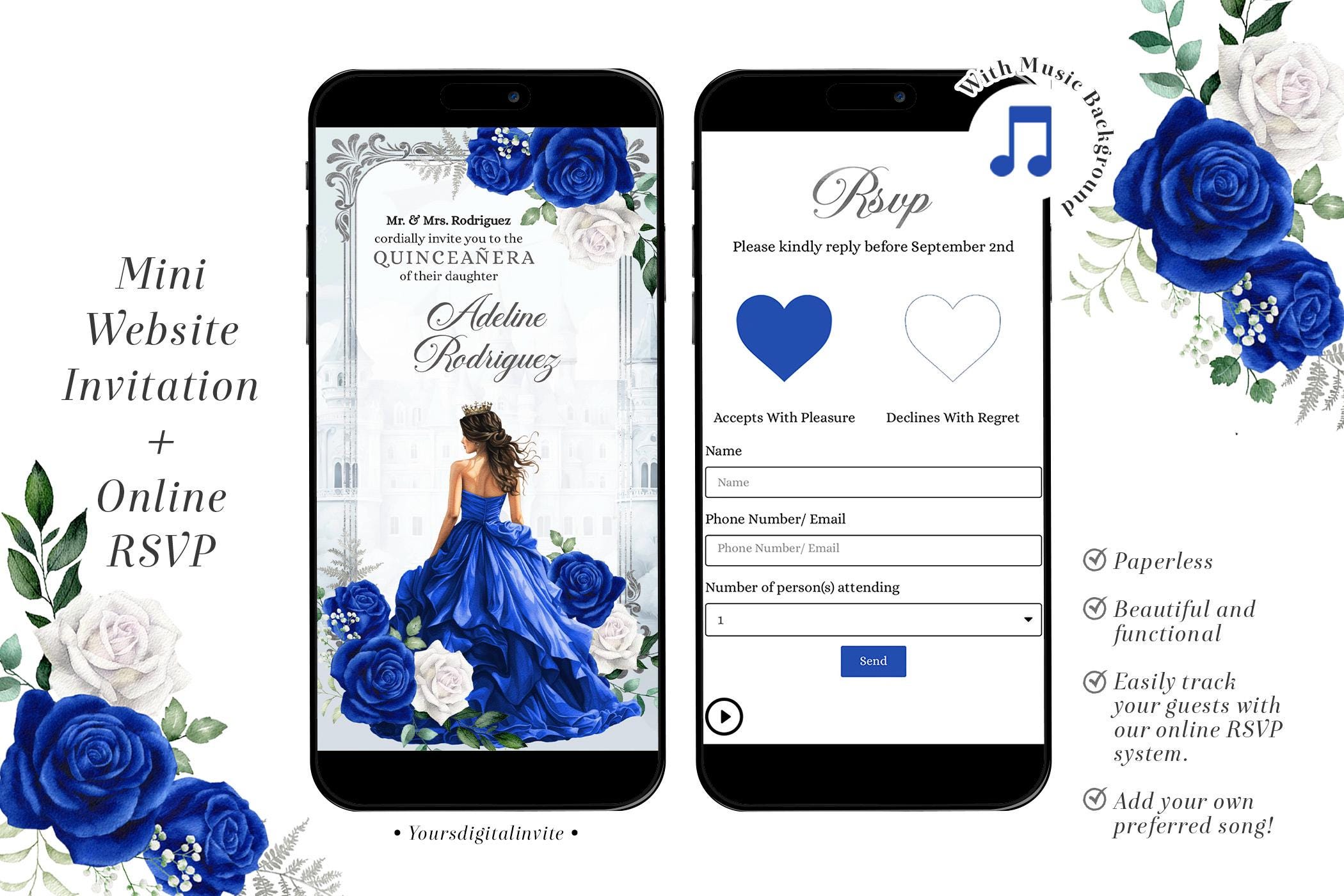 Q4 Fairytale Royal Blue Castle Elegant Quinceañera Invitation