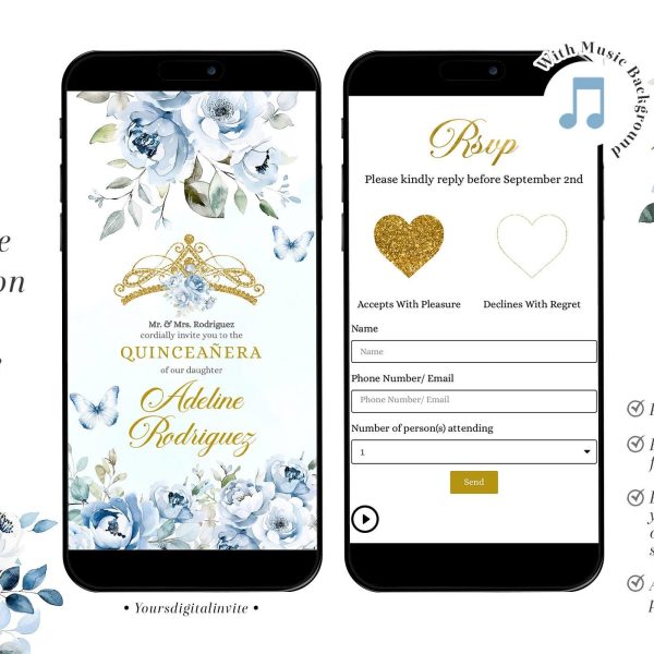 Q41 Elegant Light Blue Floral Royal Crown Mexican Quinceañera Invitation