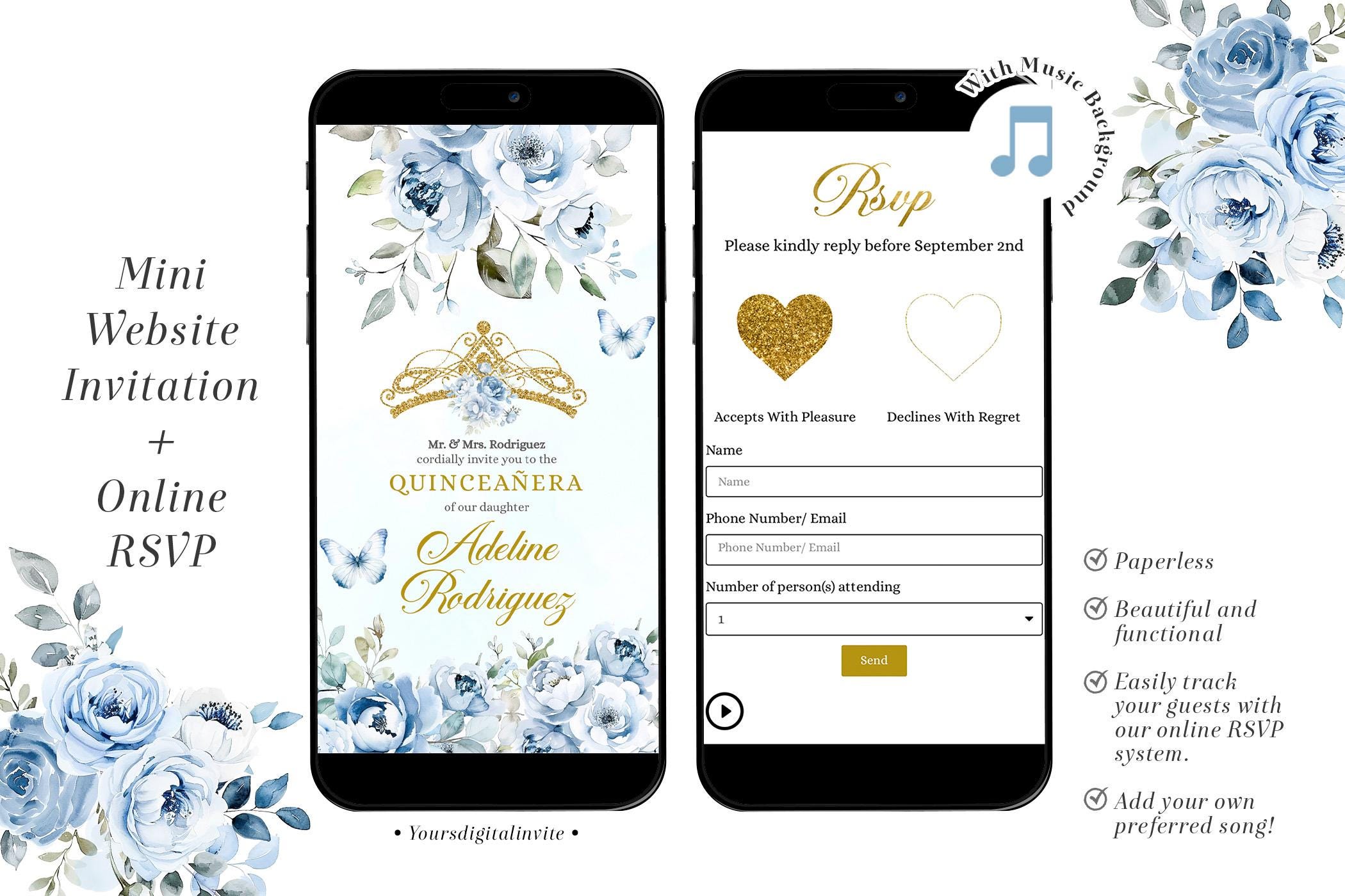 Q41 Elegant Light Blue Floral Royal Crown Mexican Quinceañera Invitation