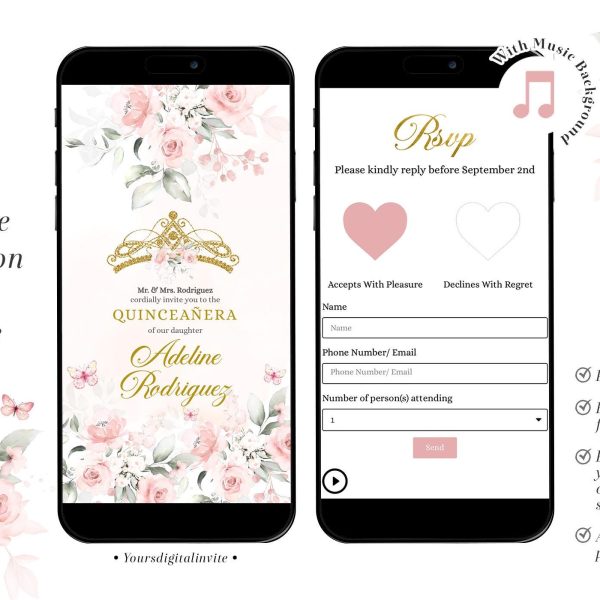 Digital Blush Pink Rose Gold Crown Mis Quince Invitation
