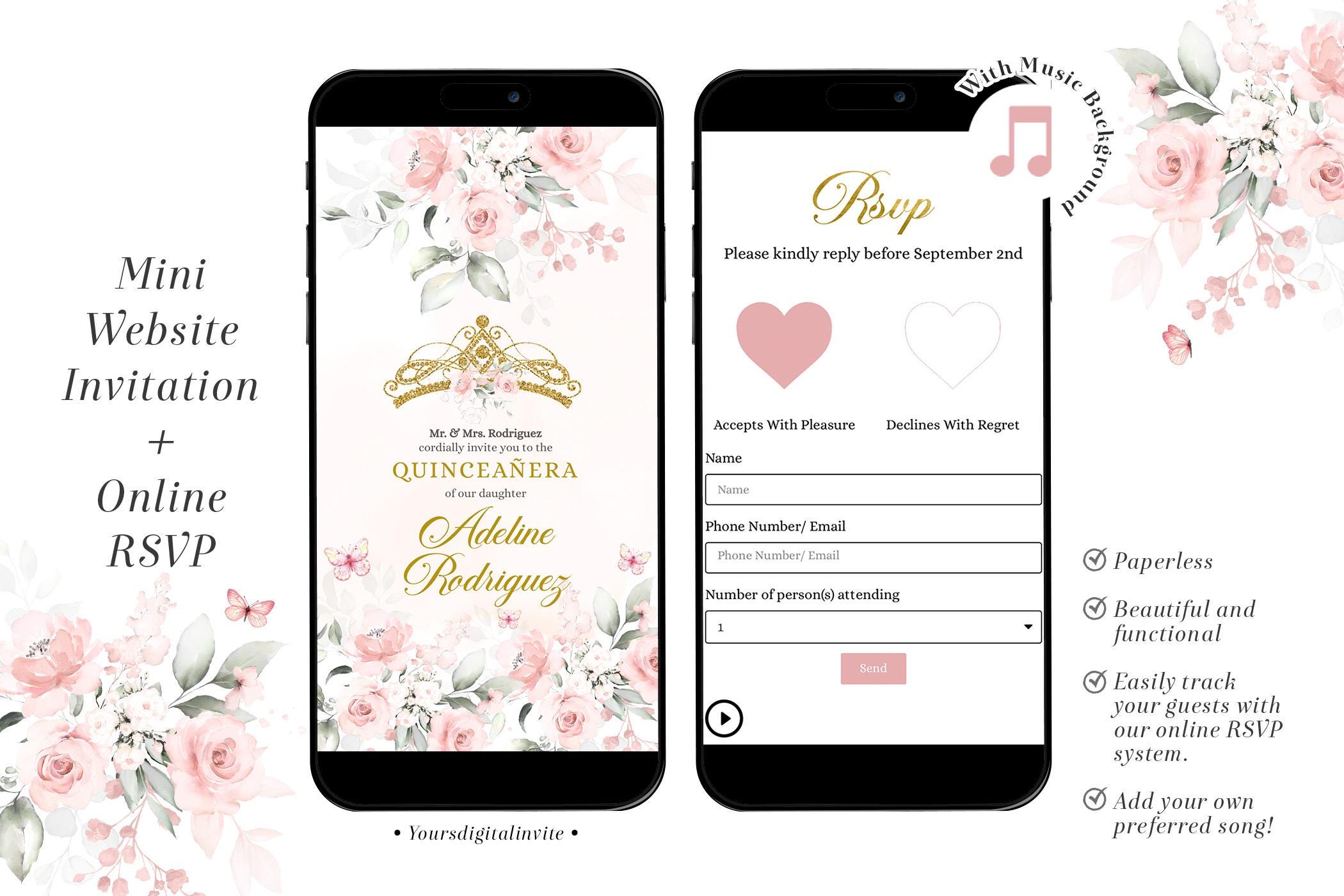 Digital Blush Pink Rose Gold Crown Mis Quince Invitation