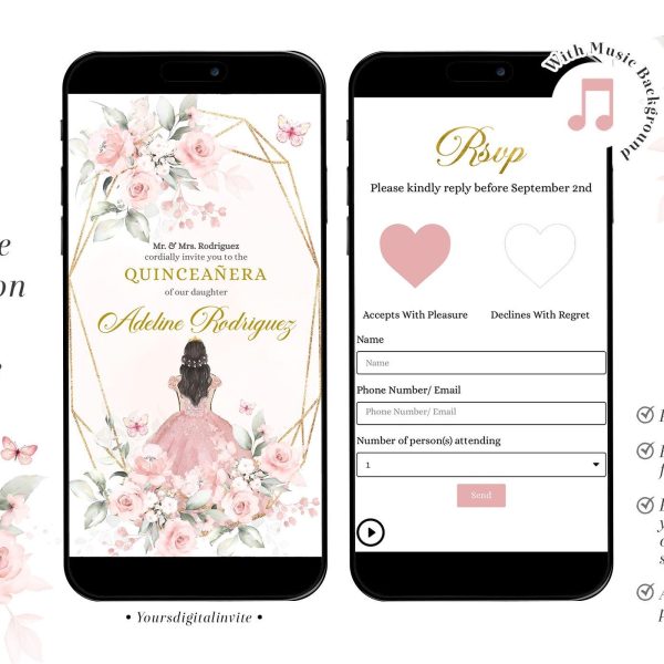 Digital Blush Pink Rose Princess Quinceañera Website invitation
