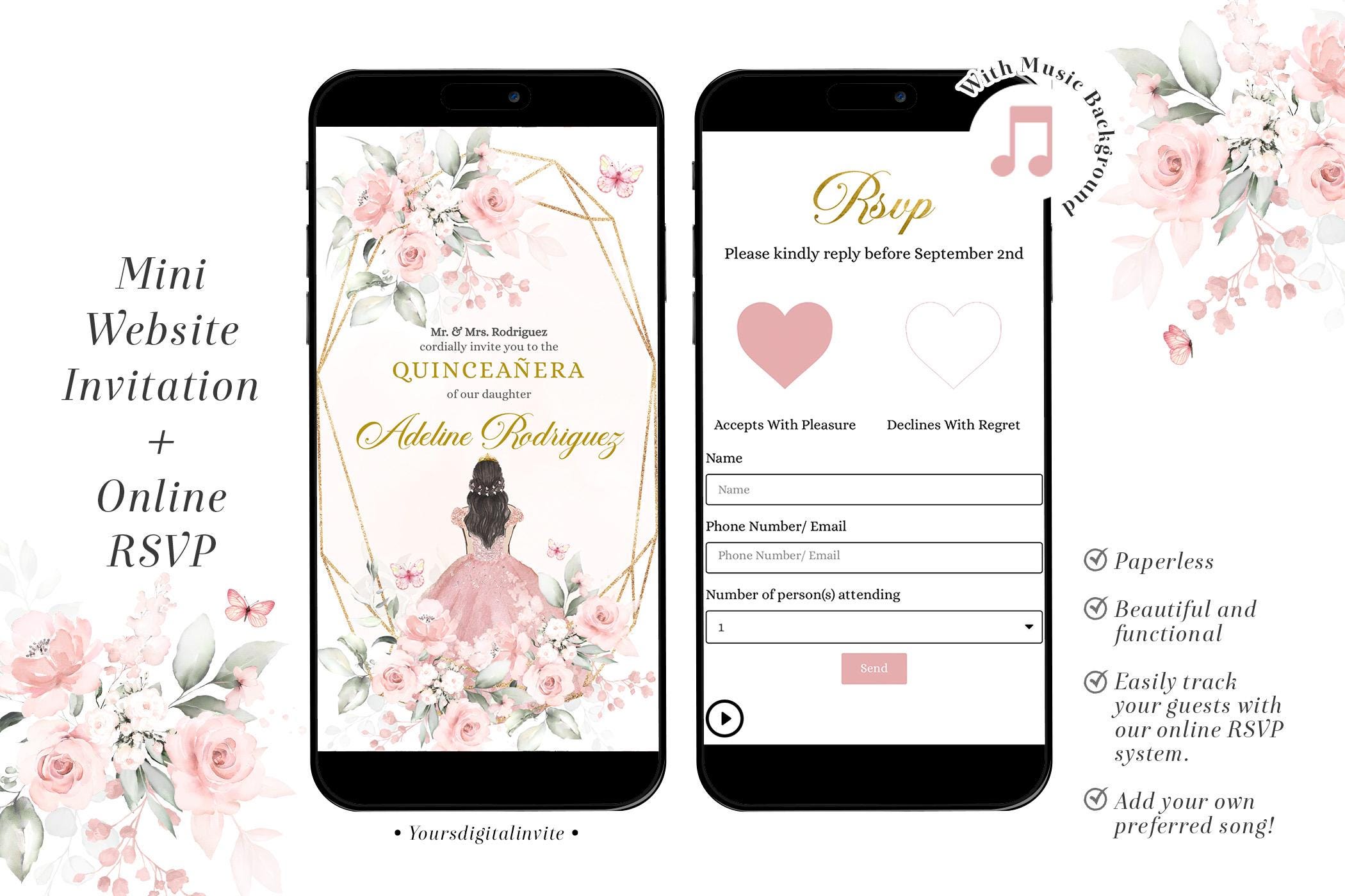 Digital Blush Pink Rose Princess Quinceañera Website invitation