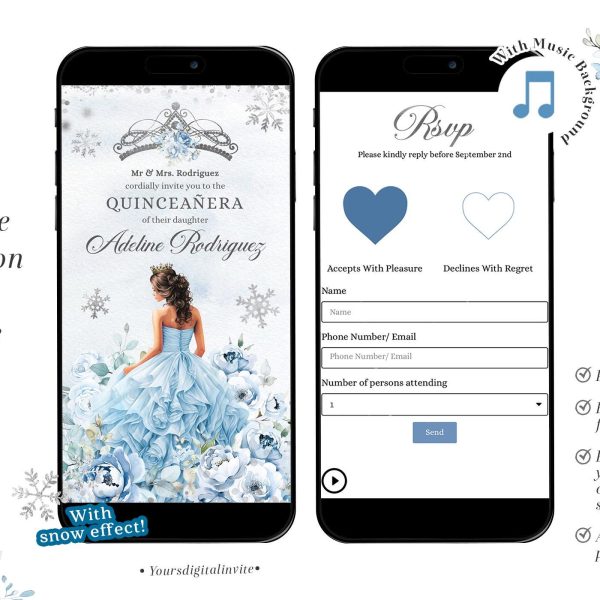 QW1 Winter Snowflakes Blue Mexican Princess Quinceañera Invitation