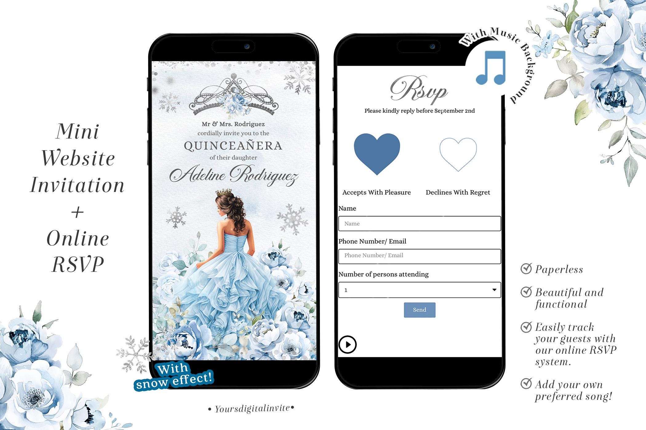 QW1 Winter Snowflakes Blue Mexican Princess Quinceañera Invitation