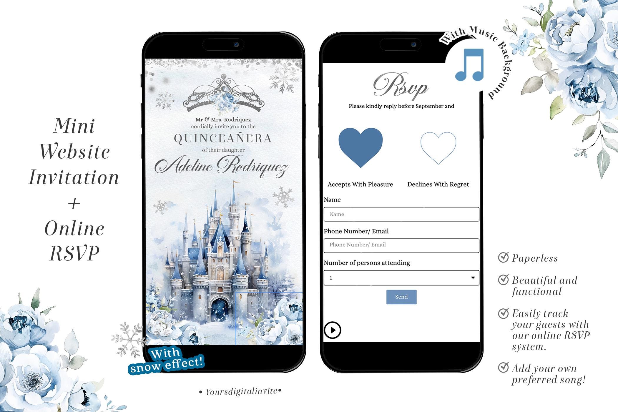 Winter Snowflakes Silver and Blue Castle Mis Quince Invitation