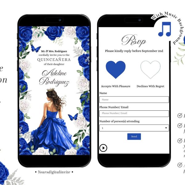 Silver and Royal Blue Princess Quinceañera Invitation
