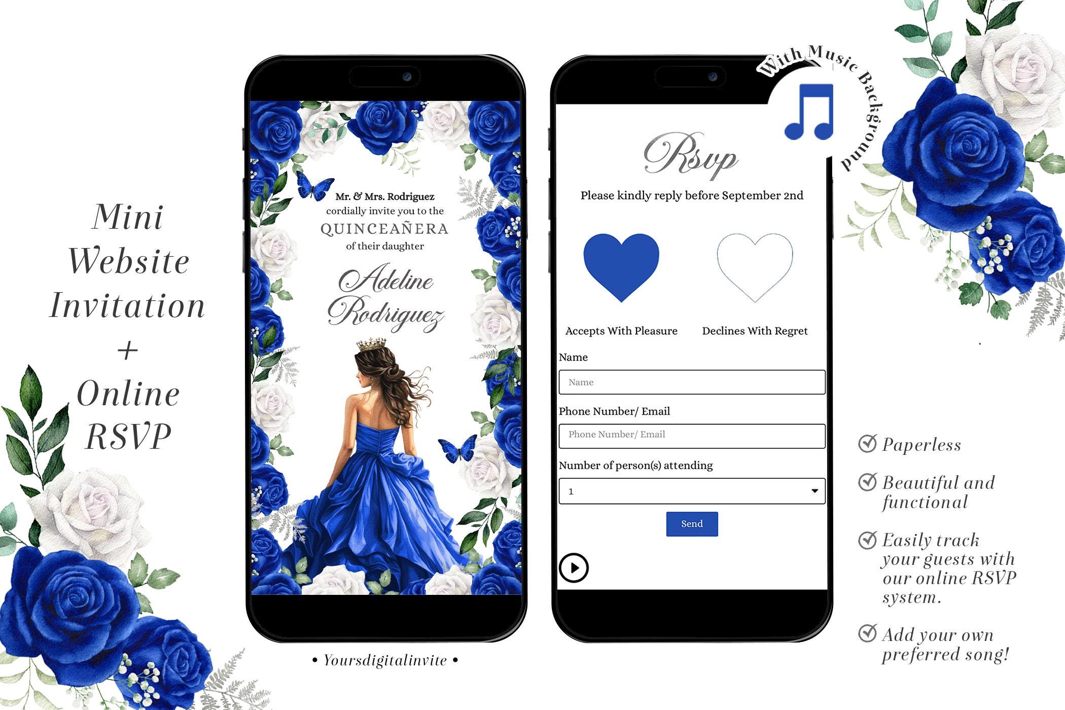 Silver and Royal Blue Princess Quinceañera Invitation