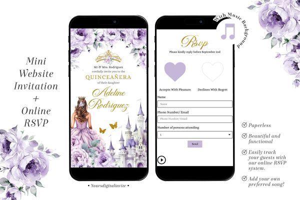WA6 Elegant Gold Purple Castle Mexican Princess Quinceañera Invitation