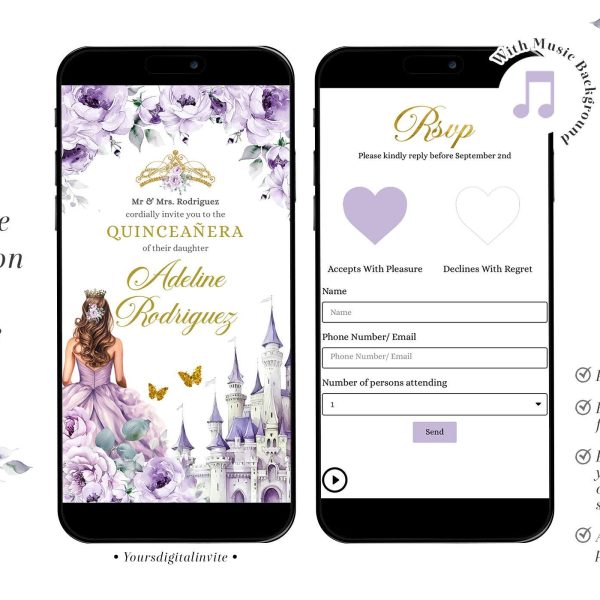 WA6 Elegant Gold Purple Castle Mexican Princess Quinceañera Invitation