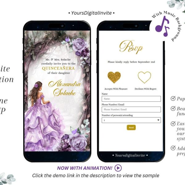 A14 Whimsical Forest Purple Quinceañera Invitation