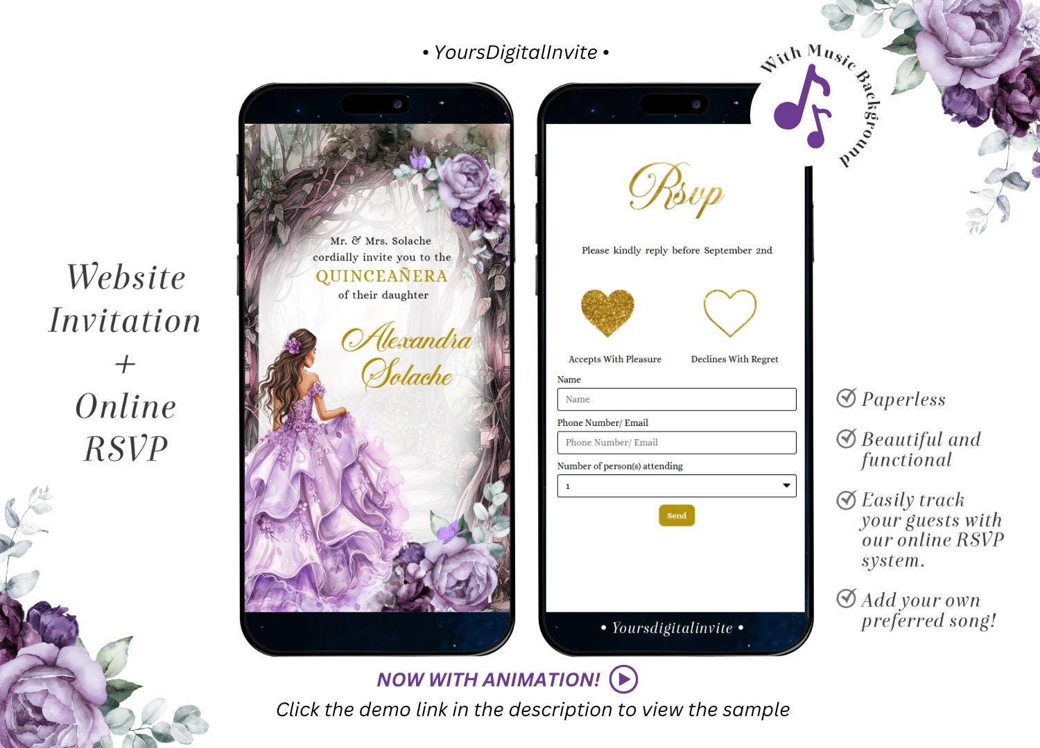 1 whim purple A14 Whimsical Forest Purple Quinceañera Invitation