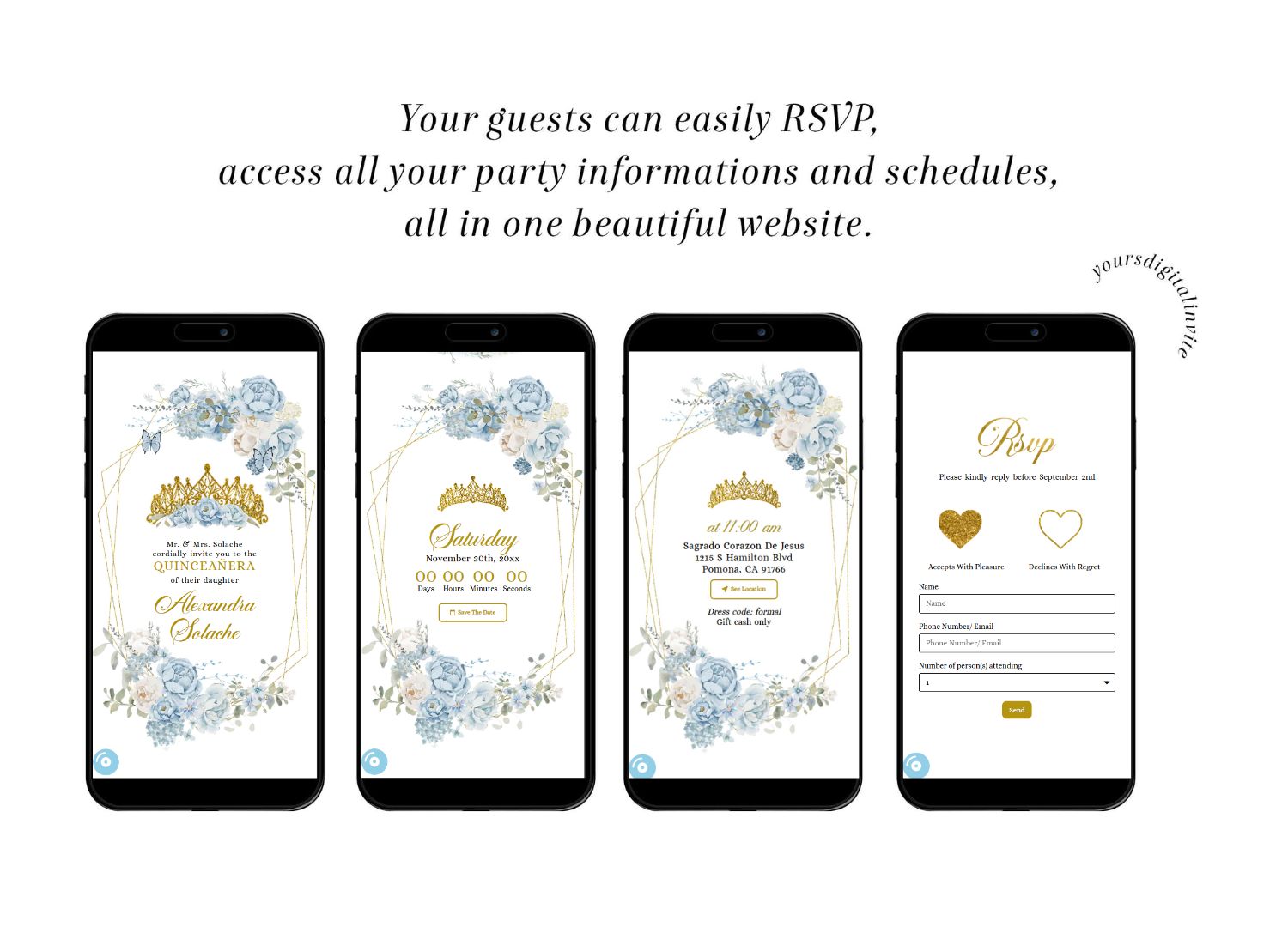 Dusty Blue And Gold Mexican Princess Quinceañera Invitation