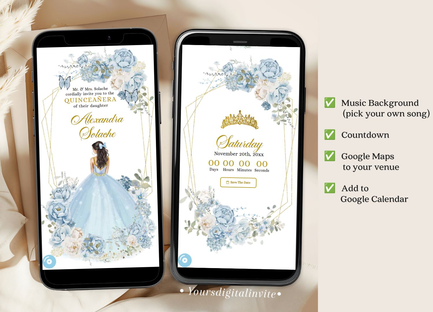 1+3 (1) A16 Dusty Blue And Gold Mexican Princess Quinceañera Invitation