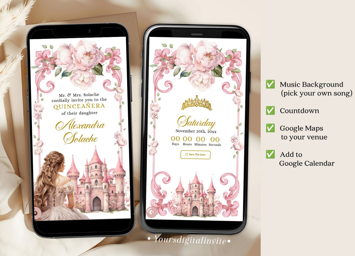 A15 Fairytale Princess Castle Pink Floral Quinceañera Invitation