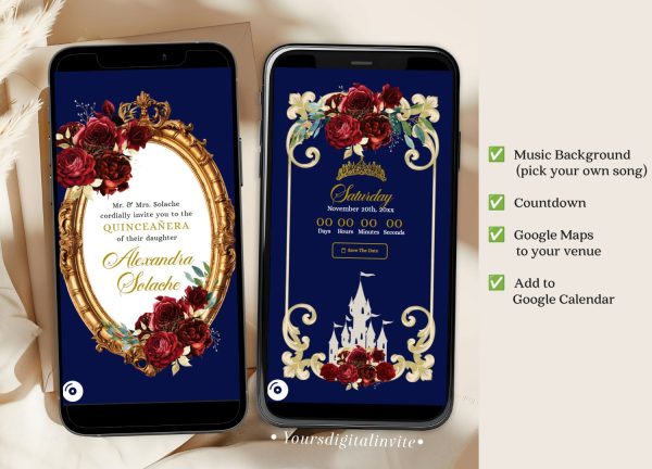 A15 Fairytale Royal Blue and Red Rose Quinceañera Invitation