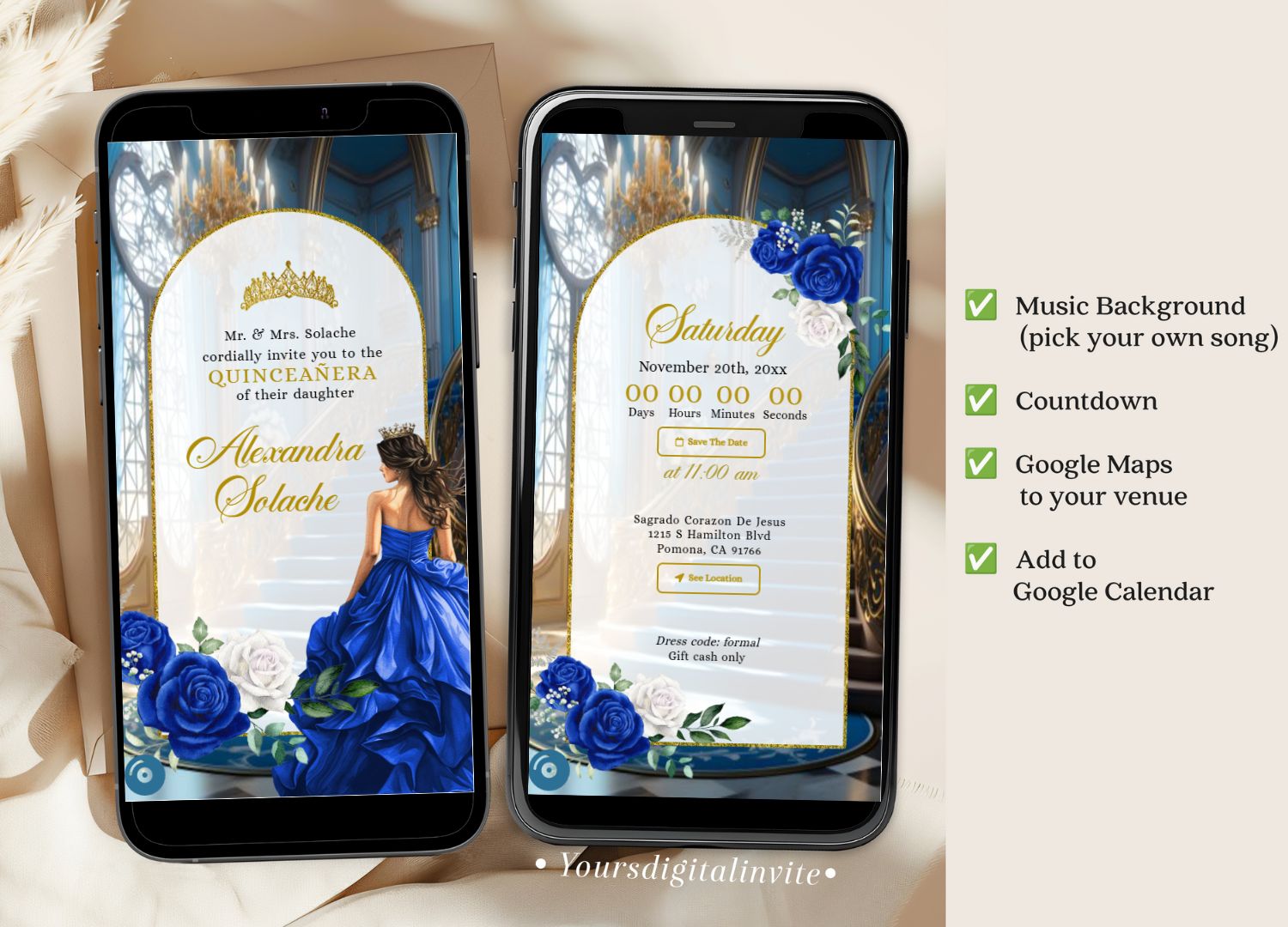 A15 Royal Blue Fairytale Floral Princess Quinceañera Invitation