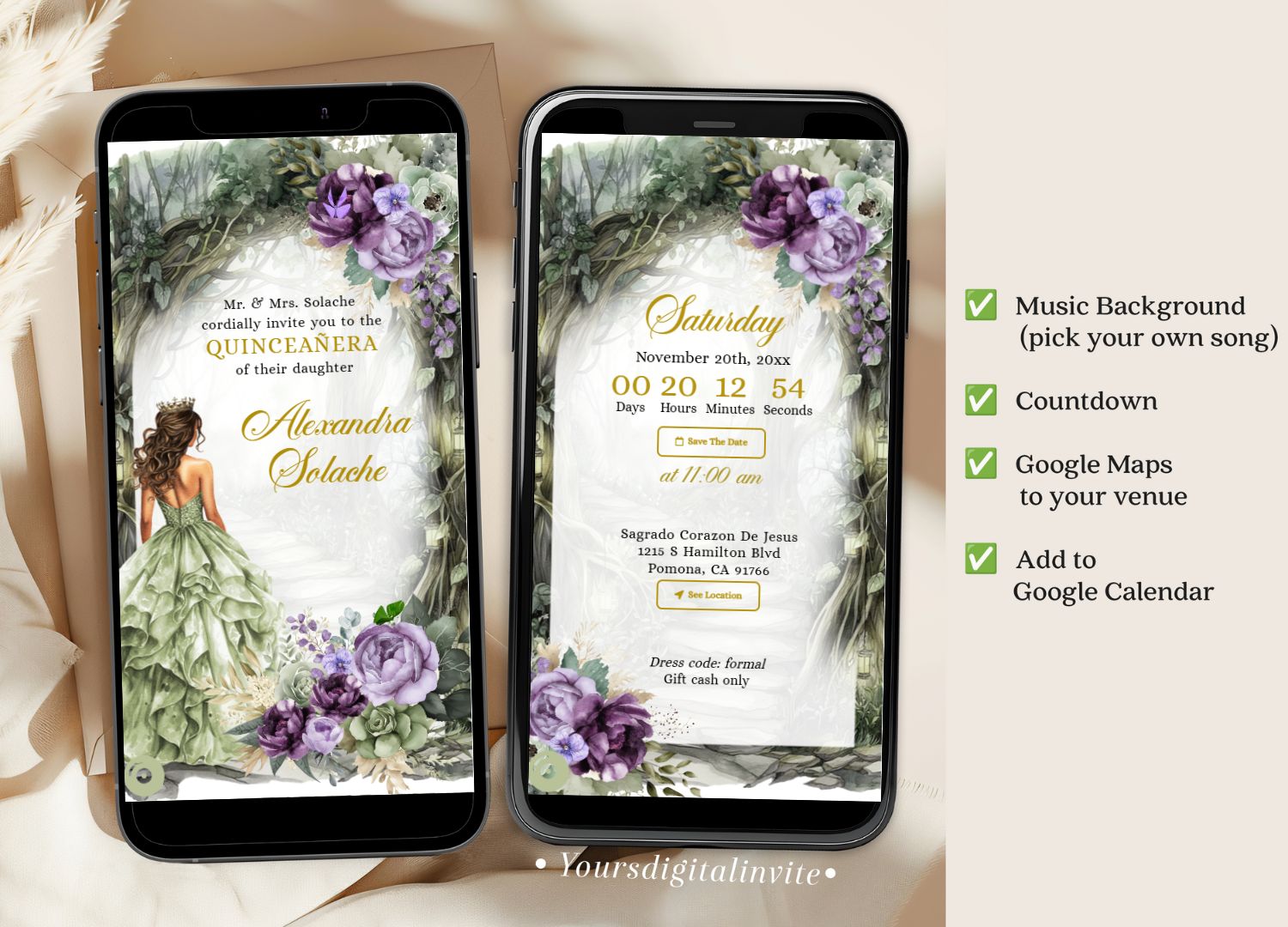 Sage Green Purple Whimsical Forest Quinceañera Invitation