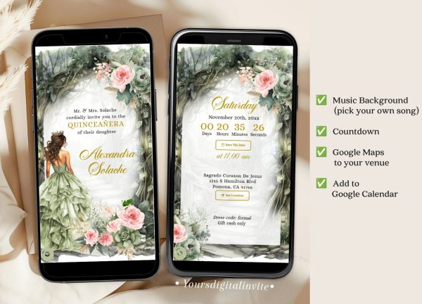 A14 Sage Green Pink Whimsical Forest Quinceañera Invitation