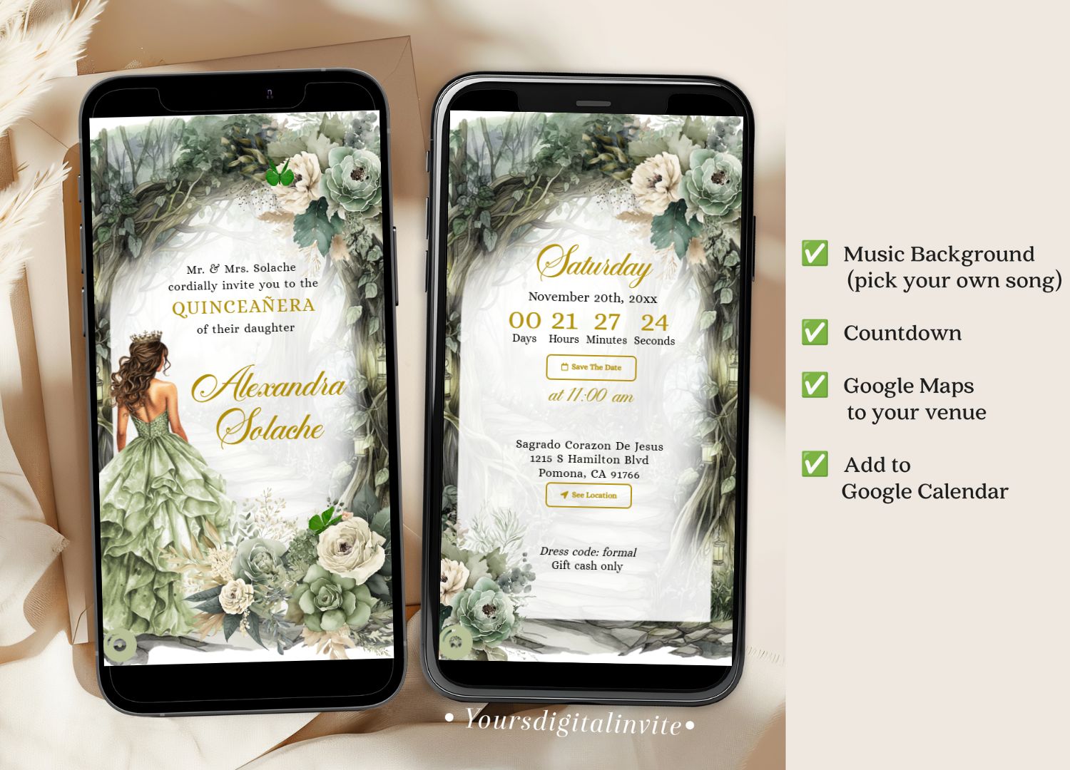 Sage Green Whimsical Forest Quinceañera Invitation