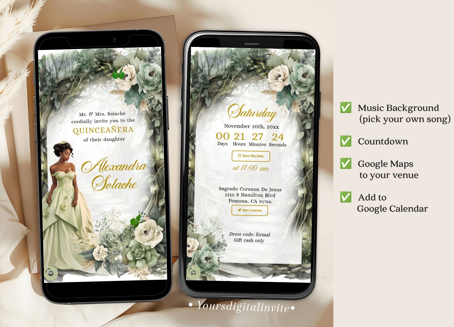 1+3 A14 Sage Green African American Forest Quinceañera Invitation