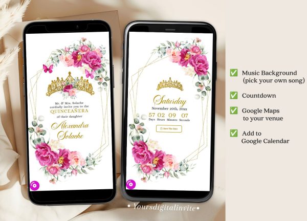 A16 Geometric Fuchsia Pink And Gold Mexican Princess Quinceañera Invitation