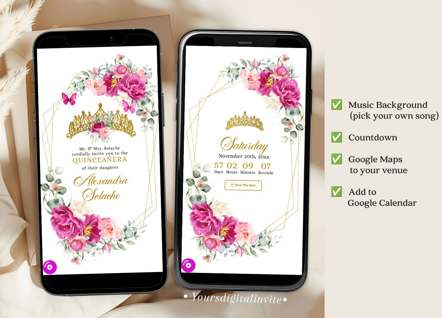 1+3 A16 Geometric Fuchsia Pink And Gold Mexican Princess Quinceañera Invitation