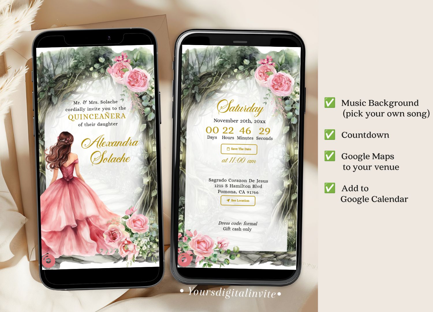 A14 Fairytale Princess Pink Enchanted Forest Quinceañera Invitation