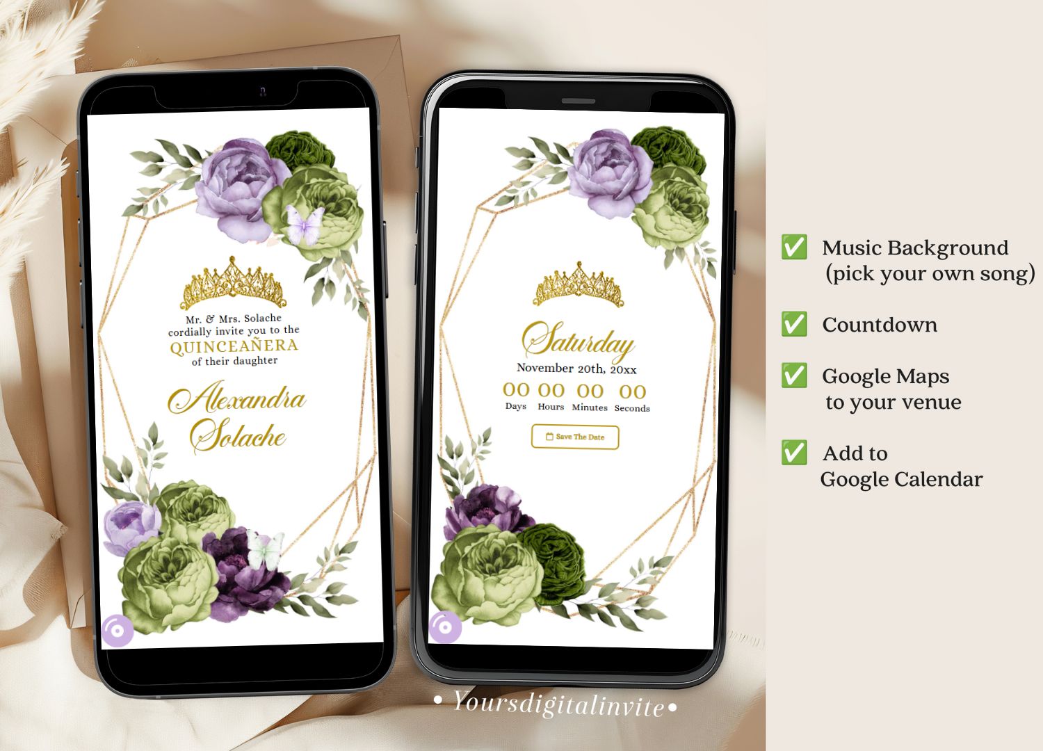 Q34 Geometric Butterfly Purple Lilac and Sage Green Quinceañera Invitation