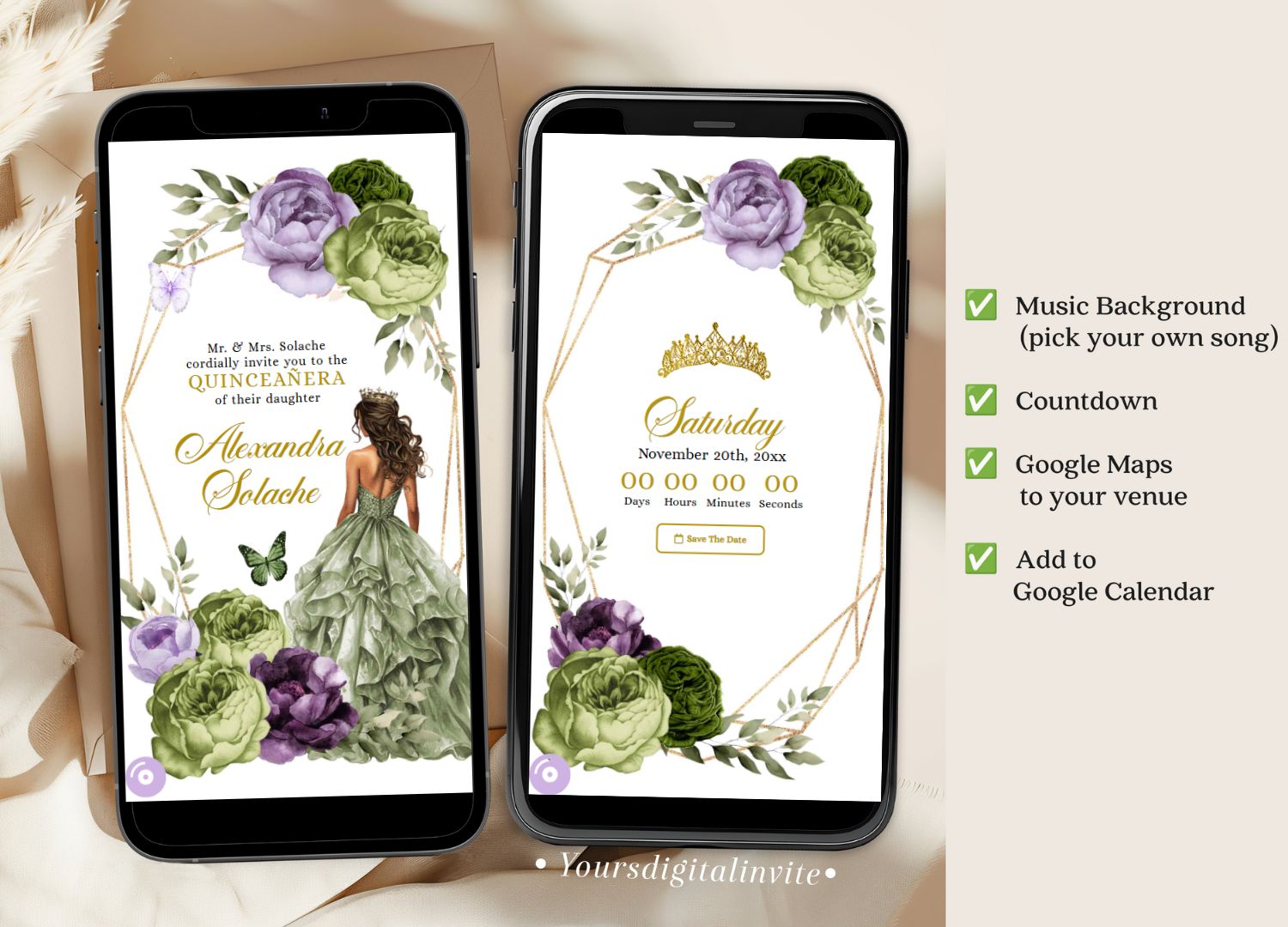 Q34 Geometric Butterfly Purple Lilac and Sage Green Quinceañera Invitation