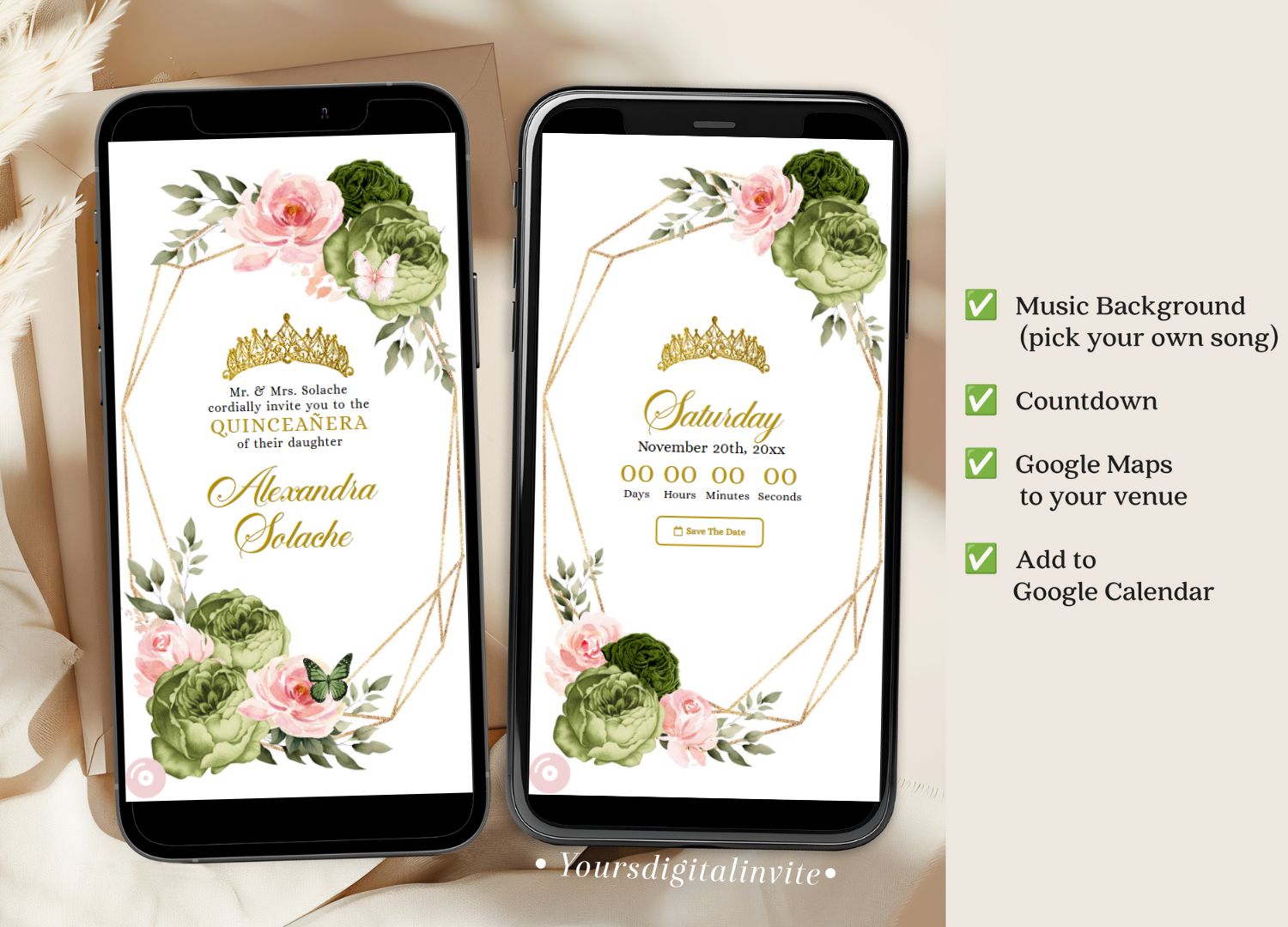 1+3 Geometric Butterfly Blush Pink and Sage Green Quinceañera Invitation