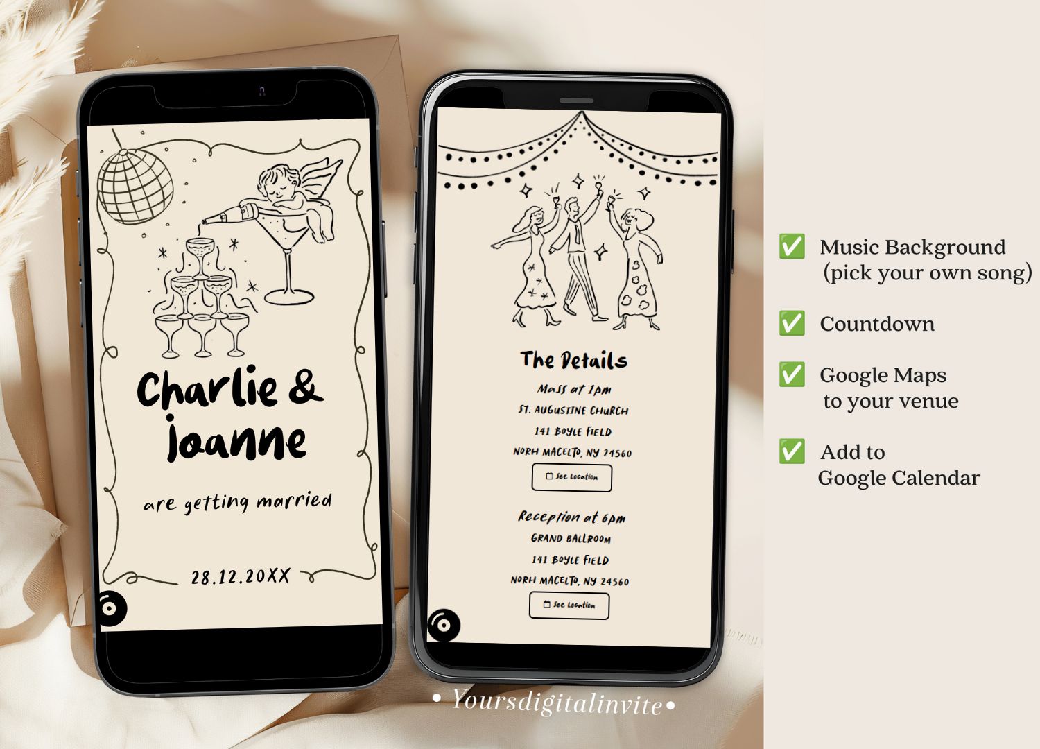 1+3 Scribble Illustrations Handwritten Wedding Invitation