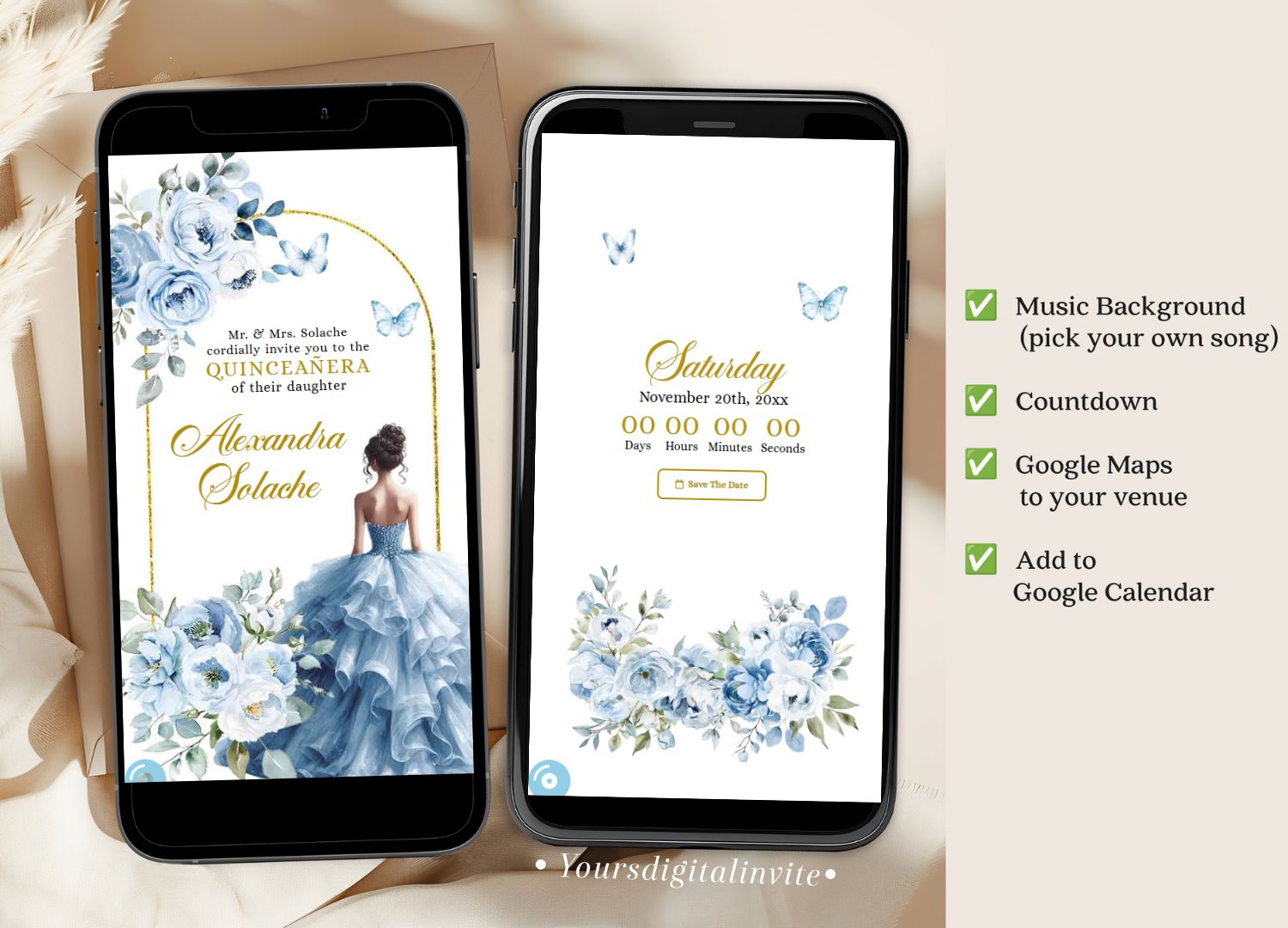 Elegant Dusty Blue Mis Quince Anos Butterfly Garden Invitation