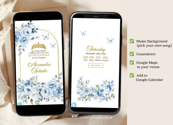 Elegant Dusty Blue Mis Quince Anos Butterfly Garden Invitation