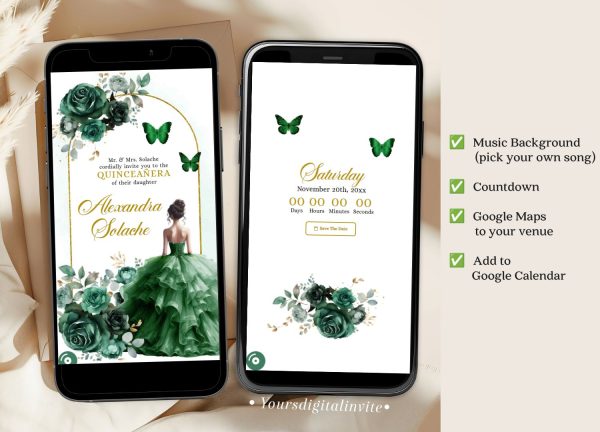 Boho Gold Green Emerald Beautiful Princess Mexican Quince Anos Invitation