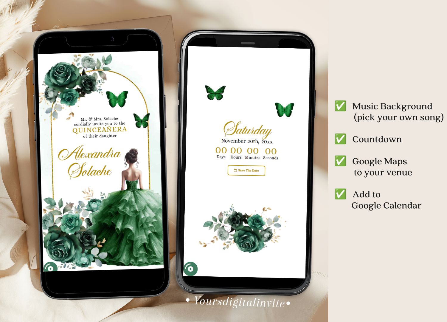 1+3 Boho Gold Green Emerald Beautiful Princess Mexican Quince Anos Invitation