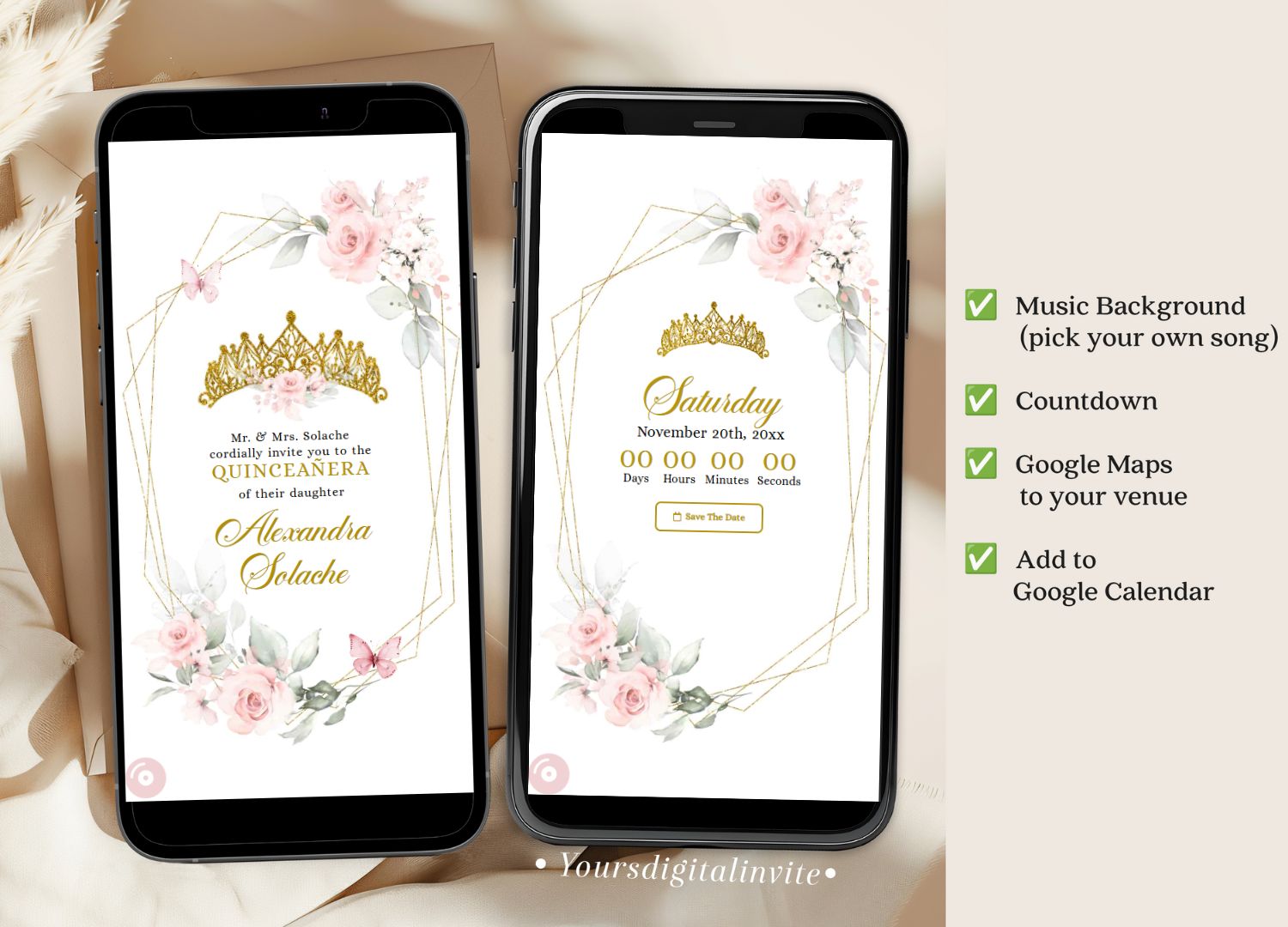 1+3 Pink And Gold Mexican Princess Quinceañera Invitation