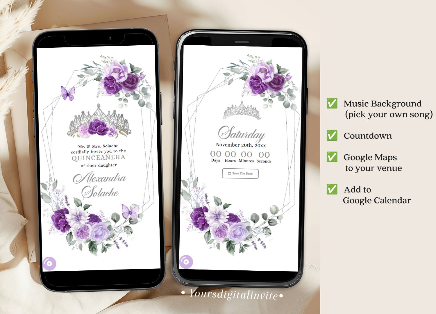 A16 Purple And Silver Mexican Princess Quinceañera Invitation