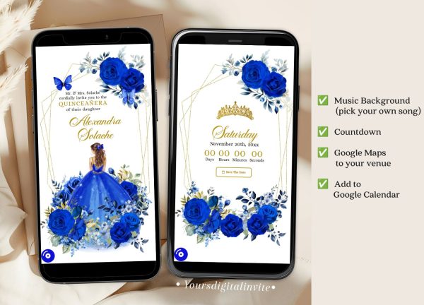Geometric Royal Blue And Gold Mexican Princess Quinceañera Invitation