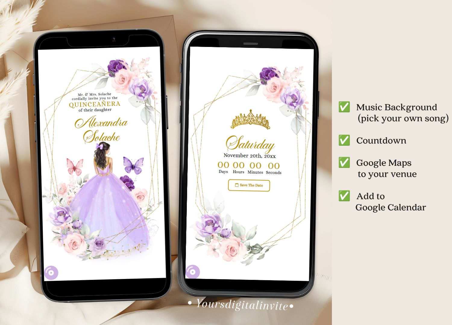 A16 Purple Pink And Gold Mexican Princess Quinceañera Invitation