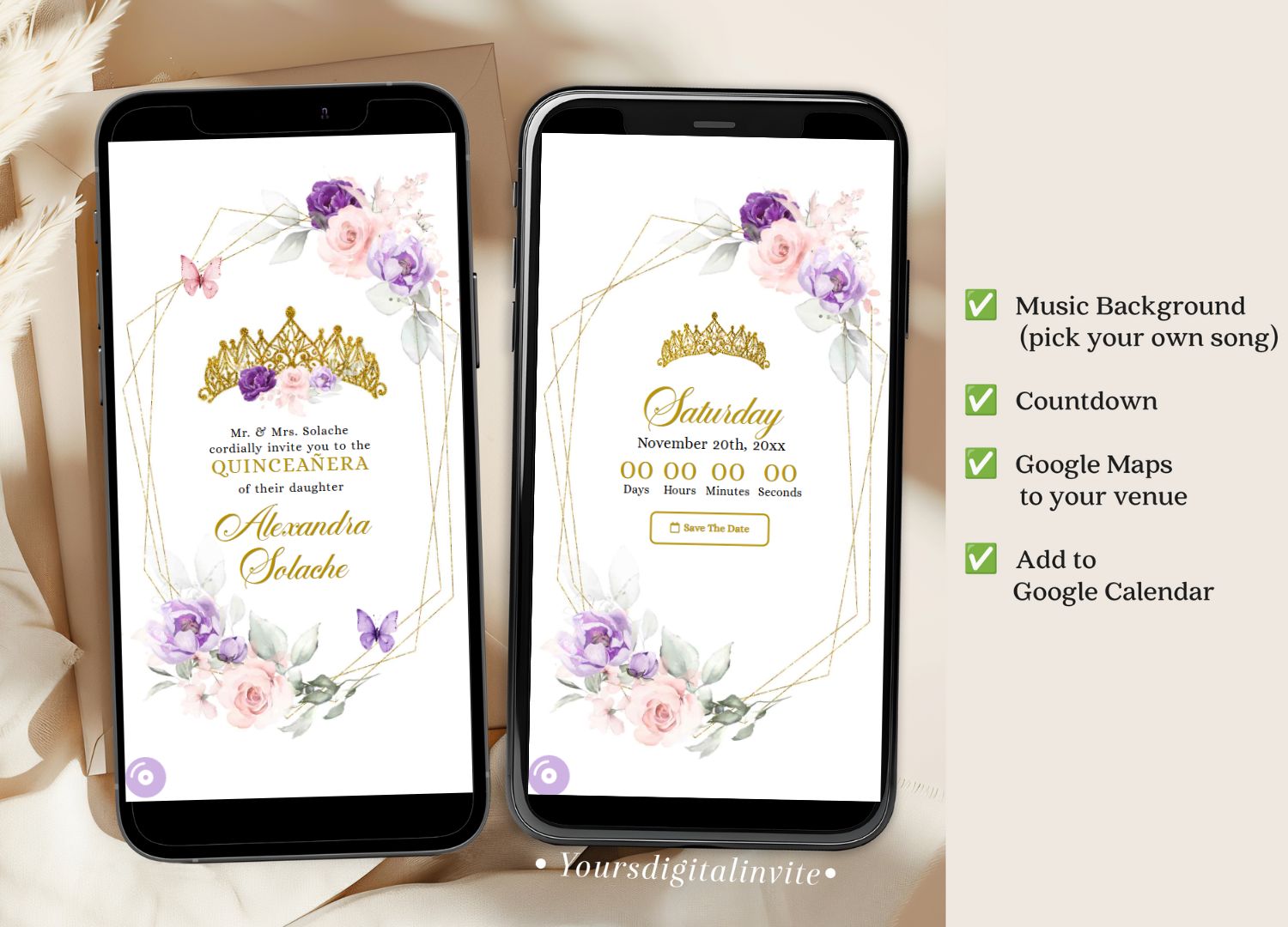 Purple Pink And Gold Mexican Quinceañera Invitation