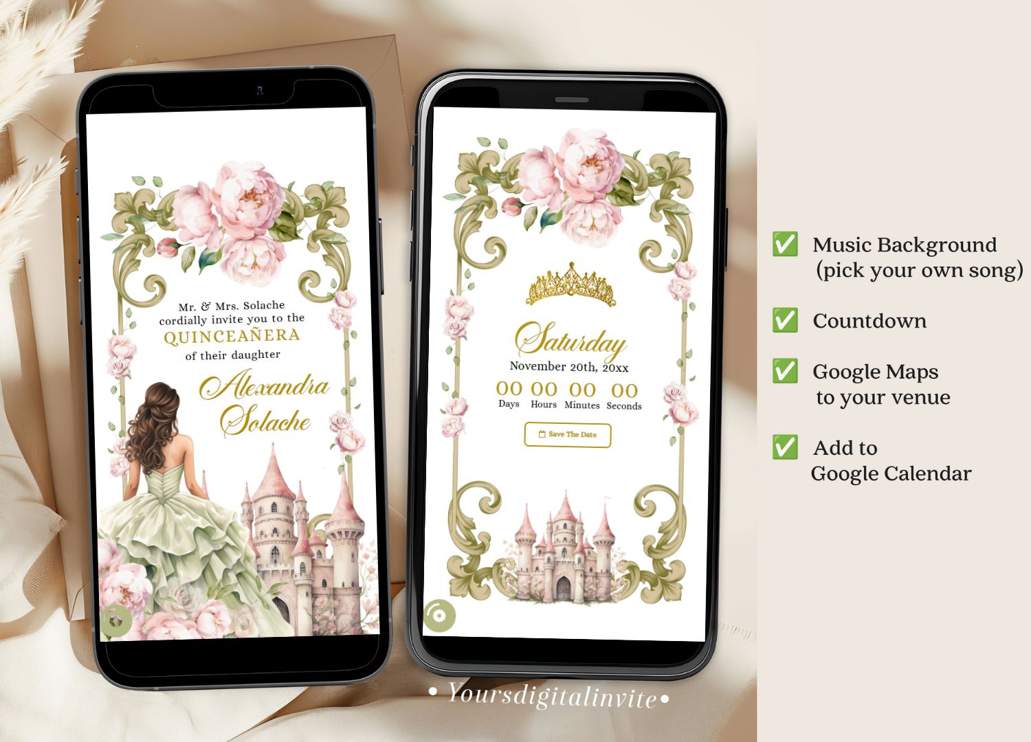 1+3 A15 Fairytale Princess Castle Sage Blush Pink Floral Quinceañera Invitation