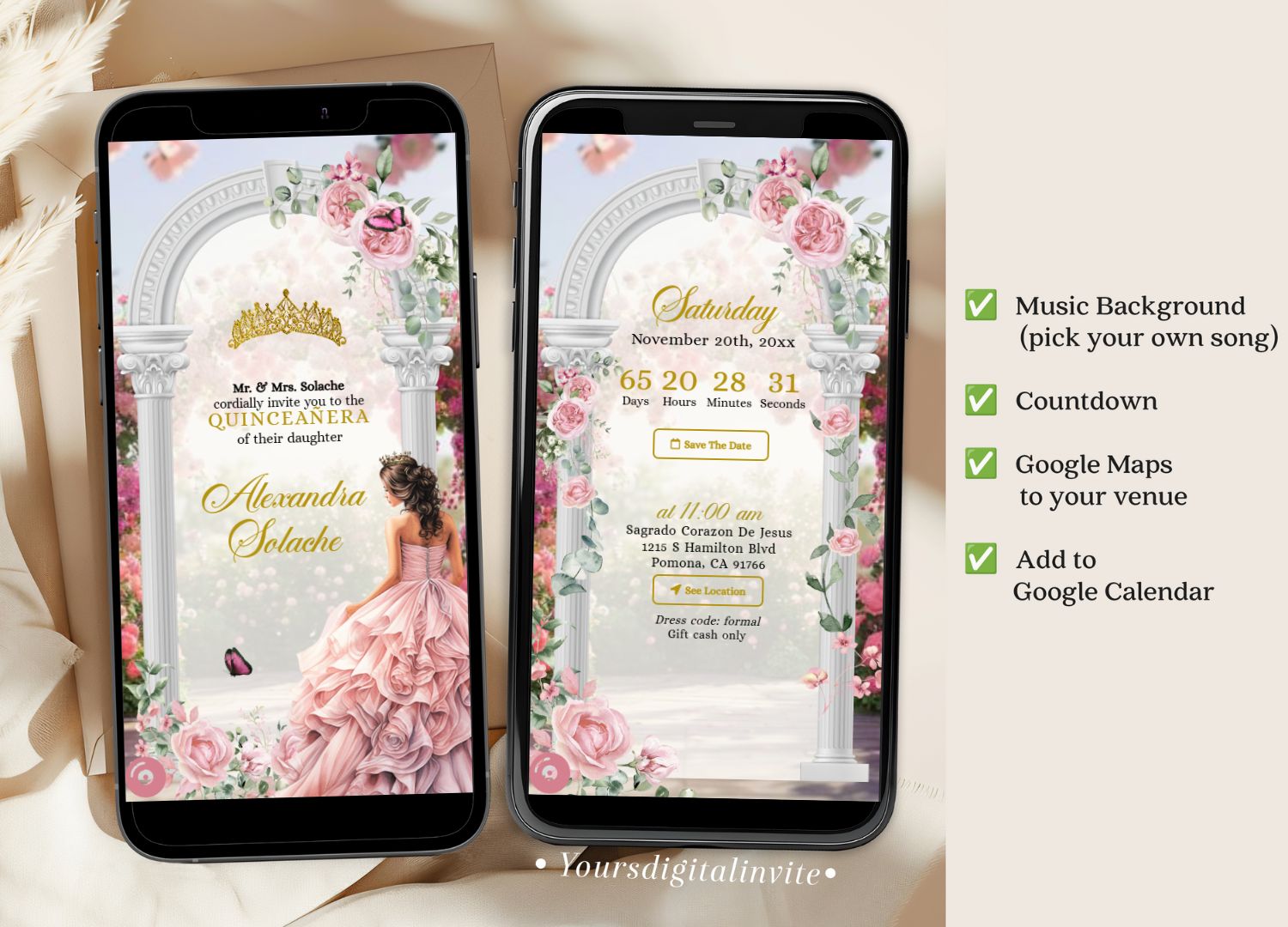 A11 Pink Floral Garden Fairy Quinceañera Invitation