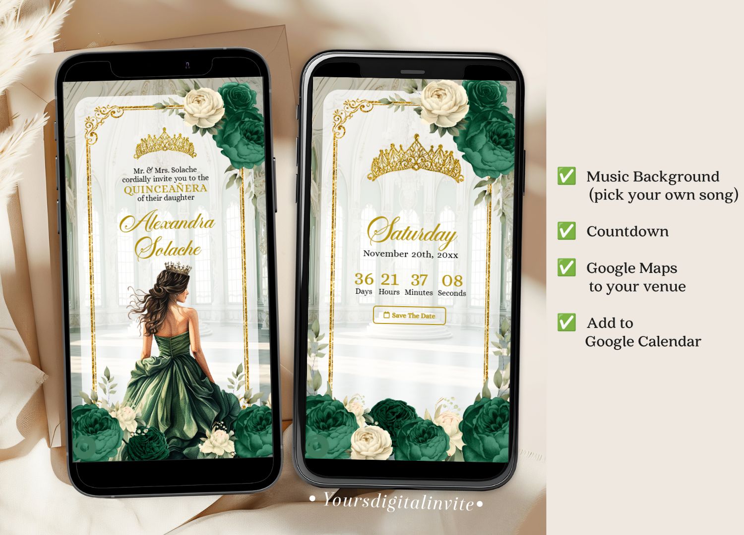 1+3 A12 emerald A12 Emerald Green Ballroom Quinceañera Invitation