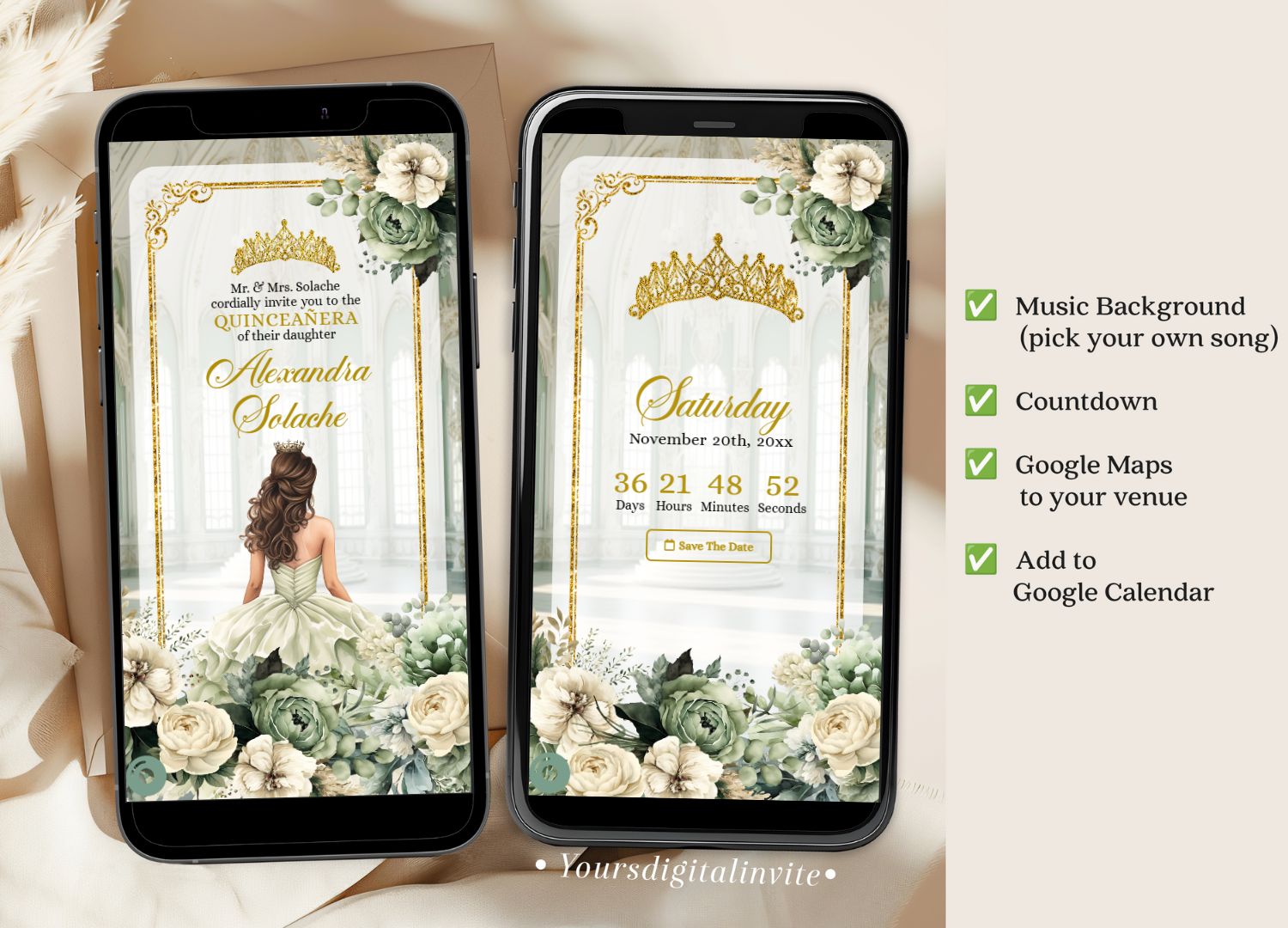 1+3 a12 sage Sage Floral Ballroom Quinceañera Invitation