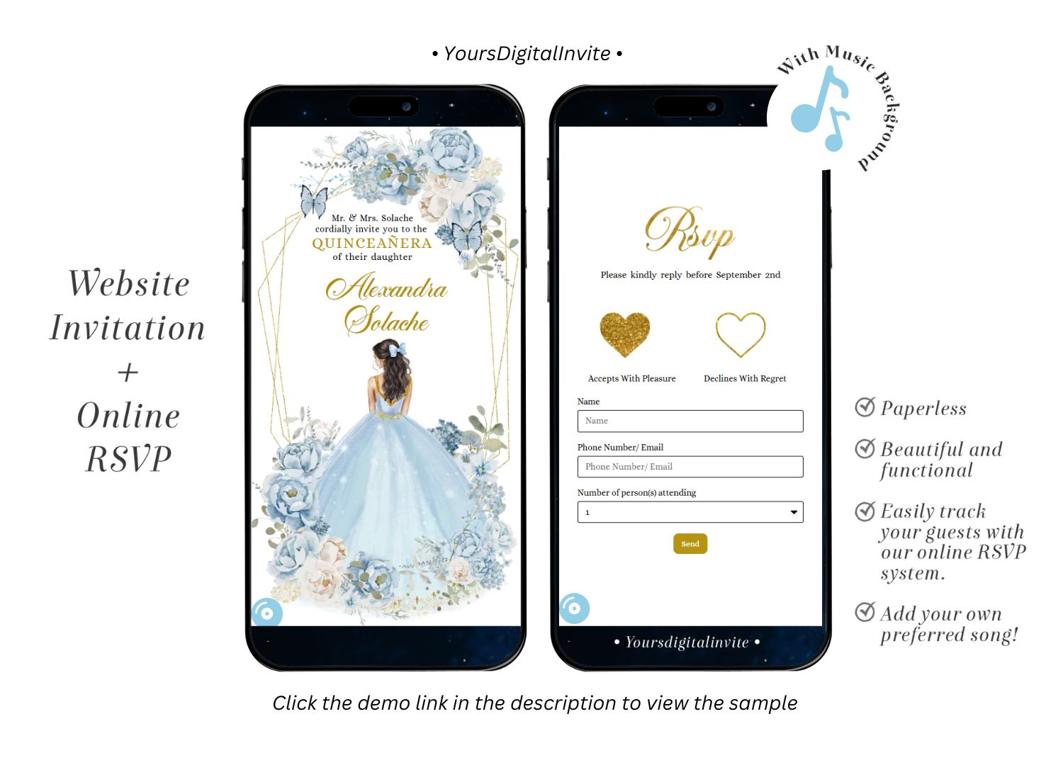 1+4 (1) A16 Dusty Blue And Gold Mexican Princess Quinceañera Invitation