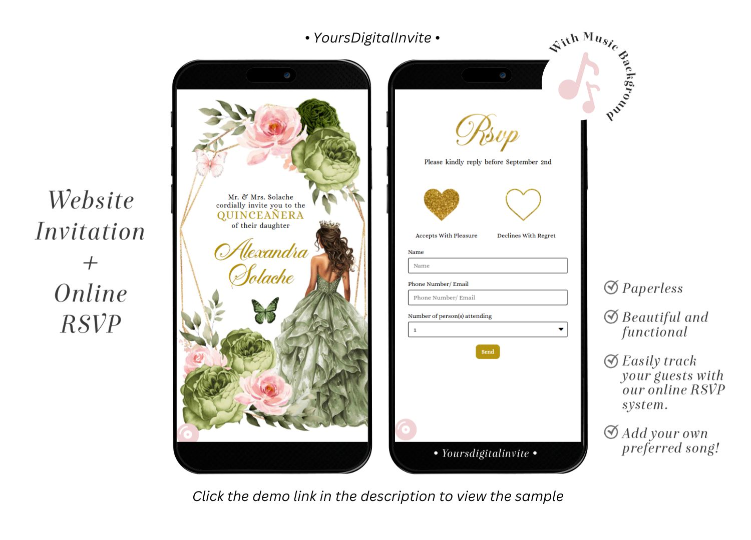 1+4 (1) Geometric Butterfly Blush Pink and Sage Green Quinceañera Invitation