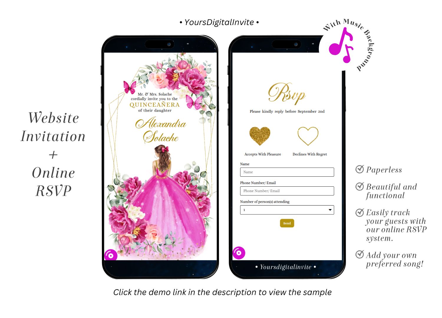 1+4 (1) Geometric Fuchsia Pink And Gold Mexican Princess Quinceañera Invitation