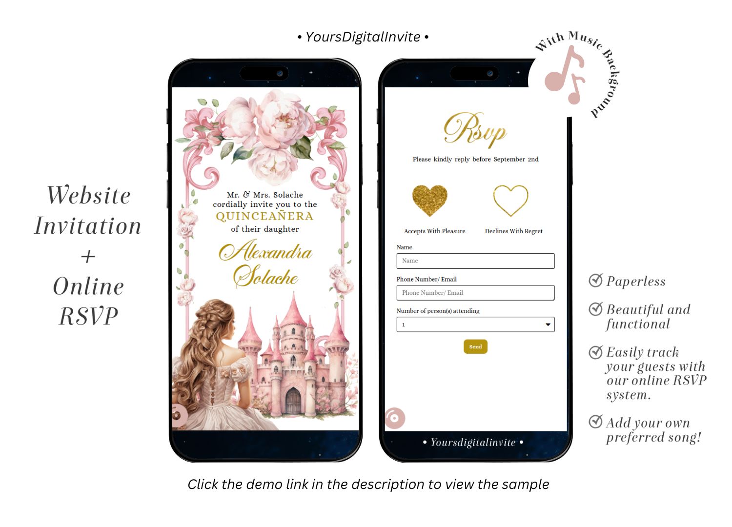 A15 Fairytale Princess Castle Pink Floral Quinceañera Invitation